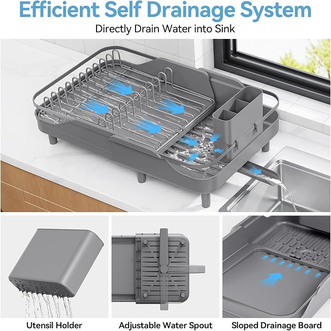 Urackify Expandable Dish Drying Rack for Small Kitchen Counter, Matte Grey | Adjustable Capacity, Self-Draining Drainboard, Heavy-Duty Steel Frame, Stable Plate Rack, Fits Most Sinks