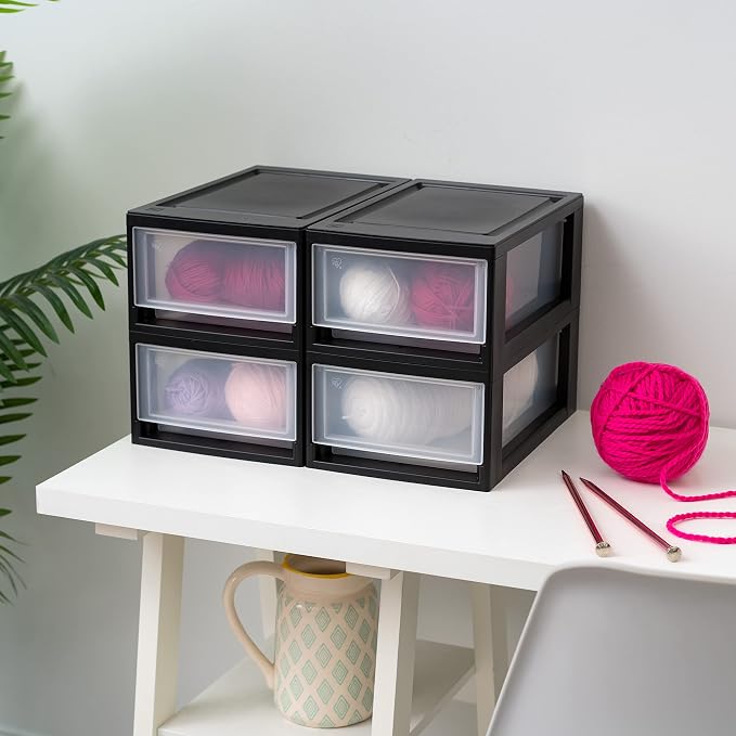 IRIS USA 6 Qt. Small Plastic Stacking Drawer, Stackable Storage Organizer Unit with Sliding Drawer for Bedroom Kitchen Under Sink Pantry Craft Room Dorm Office, Black, 4-Pack