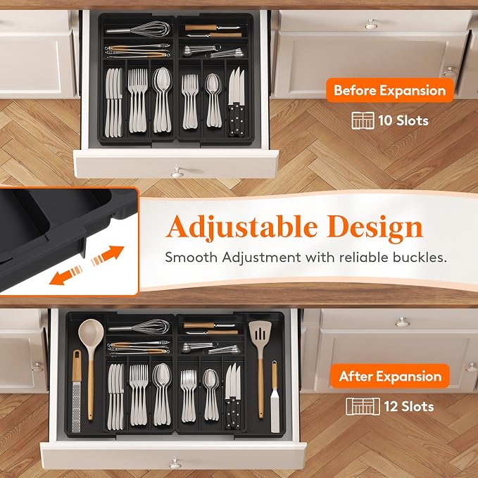 Lifewit Silverware Drawer Organizer, Expandable BPA Free Plastic Utensil Tray for Kitchen, Adjustable Flatware Cutlery Holder for Spoons Forks Knives, 18- 28 x 16.7", Black