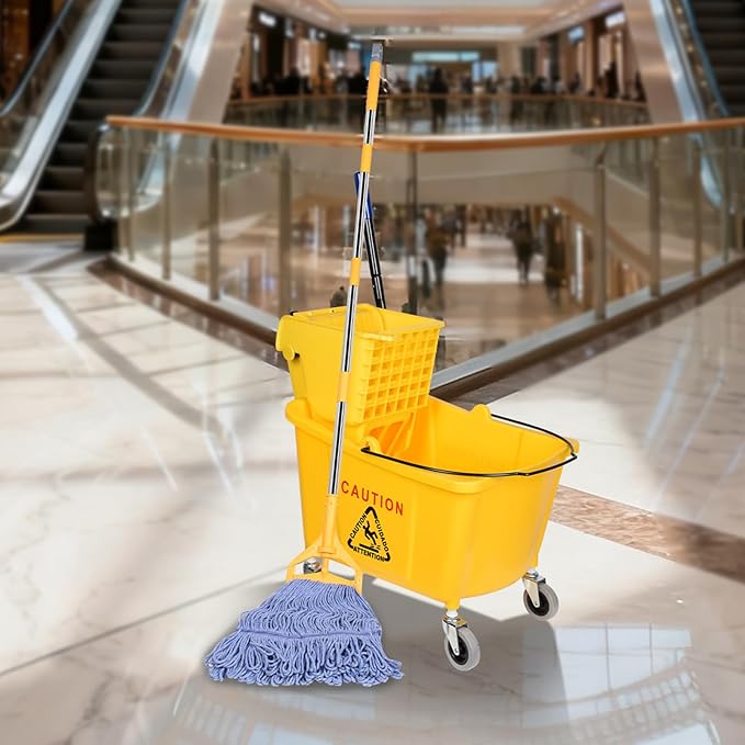 Side Press Wringer Combo Commercial Mop Bucket on Wheels, Including 1 Set Commercial Mop Handle with 1 Pack Blue Mop Heads, 35 Quart, Yellow Bucket