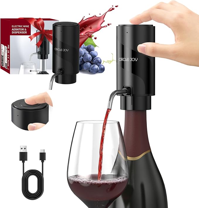 CIRCLE JOY Electric Wine Aerator Pourer, Rechargeable Automatic Wine Decanter and Wine Dispenser with Touch Button Control, Perfect Wine Gift for Home Party & Wine Lovers, Black