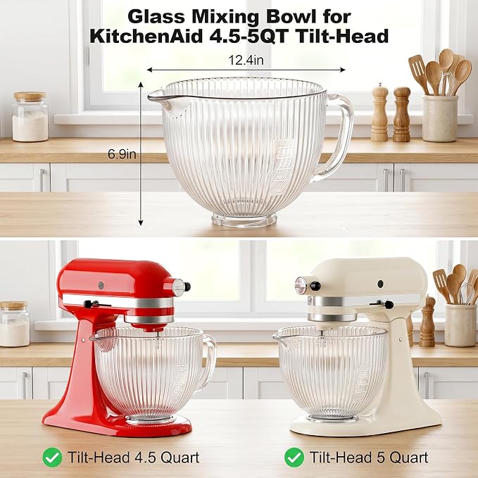 Glass Mixing Bowl for KitchenAid, Fits 4.5-5 Quart Tilt-Head Stand Mixers | 5 Qt Kitchen Aid Glass Mixer Bowl with Handle, Pour Spout & Measurement Markings by Focollk