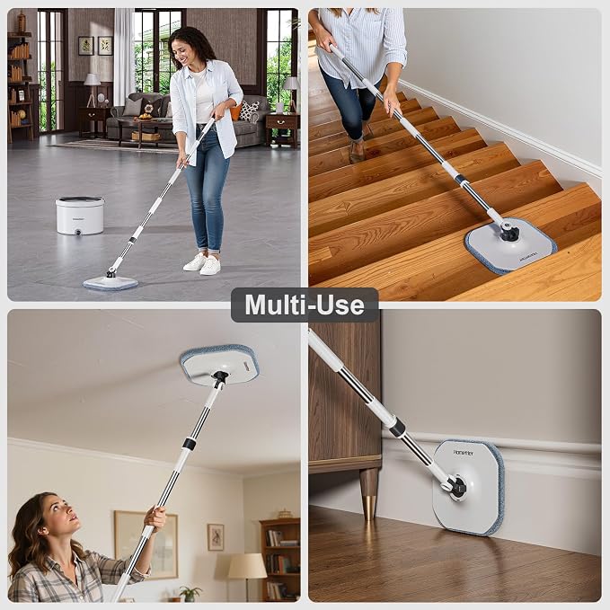 HoMettler Mop and Bucket Set, Dual-Tank Clean/Dirty Water Separation, with Triangular Head & 4 Microfiber Pads for Deep-Cleaning Floors, Versatile Mops for Walls