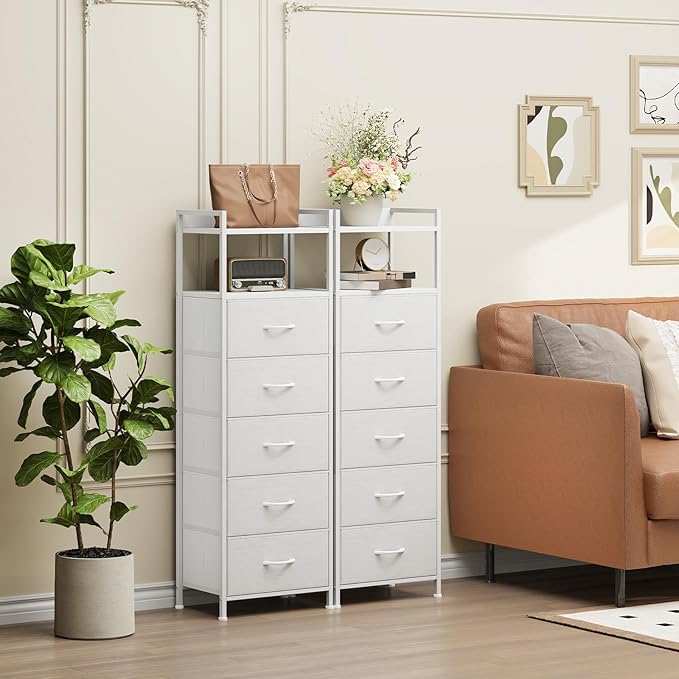 Somdot Tall Dresser for Bedroom, 5 Drawers Nightstand Vertical Storage Tower Unit, Night Stand Furniture with Fabric Drawer Organizer in Bedside Hallway, Entryway, Kids Room, Closet, White Leather