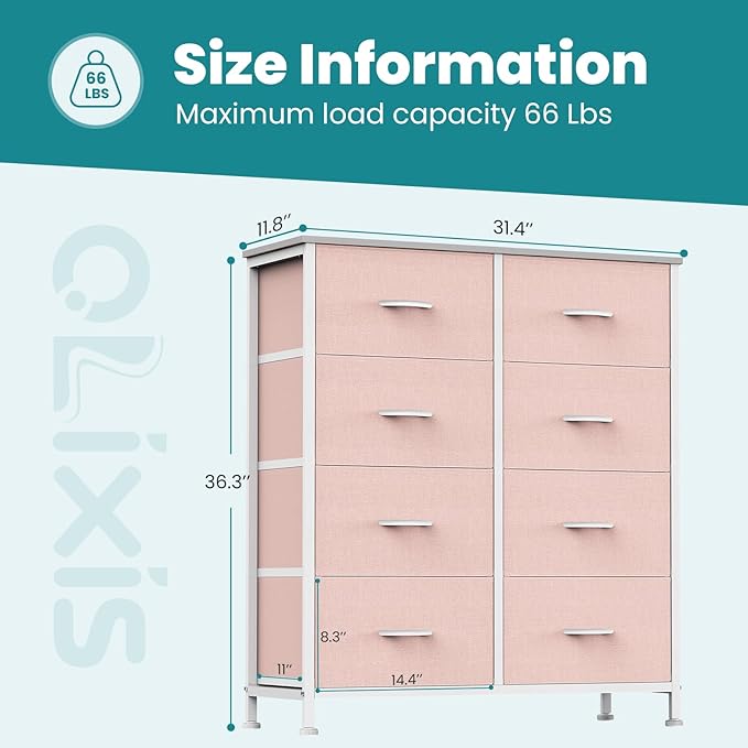OLIXIS 8 Drawer Storage Dresser with Wood Top - Wide Fabric Chest Organizer for Bedroom, Closet, Living Room,Tower Cabinet, TV Stand, Hallway Entryway Furniture,Pink
