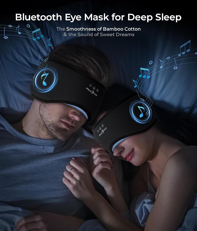 MUSICOZY Sleep Mask with Bluetooth Headphones, Bamboo Cotton Extended Sleep Headphones for Side Sleepers, Bluetooth Eye Mask for Sleeping, Wireless Earphones with HD Stereo Speakers (Classic Black)