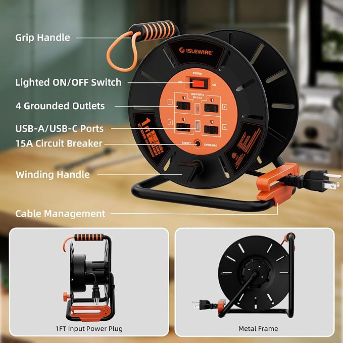 Extension Cord Storage Reel with 4-Grounded Outlets & 2 USB Ports, Heavy Duty Open Cord Reel for 12/3,14/3,16/3 Gauge Power Cord, Hand Wind Retractable, 15A Circuit Breaker, ETL Listed, Orange