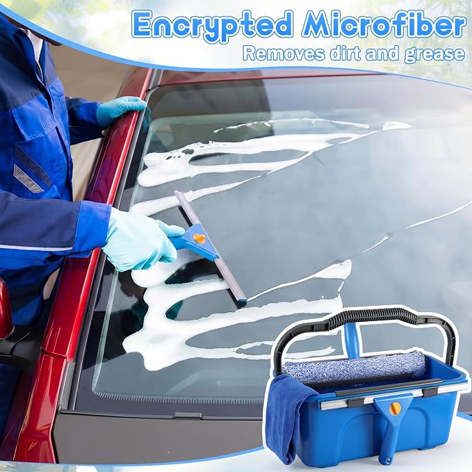 Window Cleaning Kit with 3 Gallon Bucket 14" Window Squeegee with 61" Long Handle 15" Microfiber Scrubber Glass Cleaner Set Tool for Home Outdoor Commercial Use