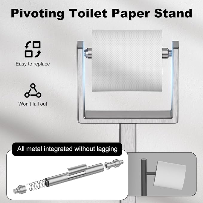 Nickel Toilet Paper Holder Stand，Stainless Steel Toilet Paper Holder Free Standing，Stable Weighted Base Floor Tissue Roll Holder for Bathroom，Modern Pivoting Toilet Paper Stand