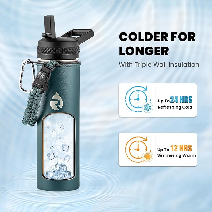 RAYMYLO Insulated Water Bottle 20 oz, Triple Wall Vacuum Stainless Steel (Cold for 24Hrs, Hot for 12Hrs), Leak Proof & Non-BPA, Modern Water Bottle Jug for School with Straw Spout Lids