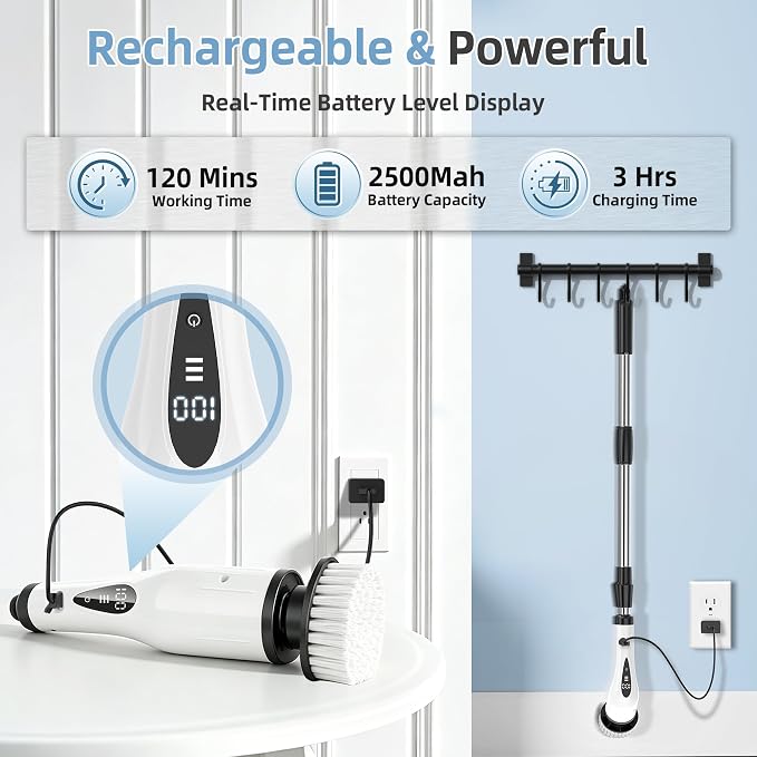 Electric Spin Scrubber, 3-Speed Cordless Cleaning Brush with 8 Brush Heads & Base, IPX7 Waterproof, Adjustable Long Handle, Digital Display, 2500mAh Fast Charging, for Bathroom, Tub, Tile, Floor