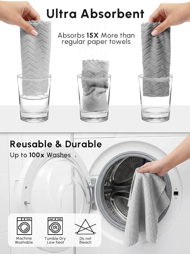 Microfiber Cleaning Cloths Roll, 75 Pack Tear Away Microfiber Towels Roll, 12" x 13" Lint Free Rags, Reusable Cleaning Cloths, Washable, Scratch Free,Ultra Absorbent Dish Rags(Grey Ripple)