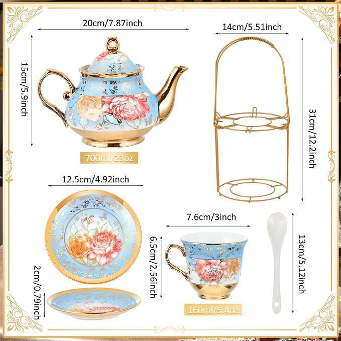 Zhehao 20 Pcs Porcelain Tea Set with Metal Holder and Spoon Adult Ceramic Tea Set European Flower Painting Teapot Cup Saucer Spoon for Women Mom Gift, Large Version (Simplicity Style)