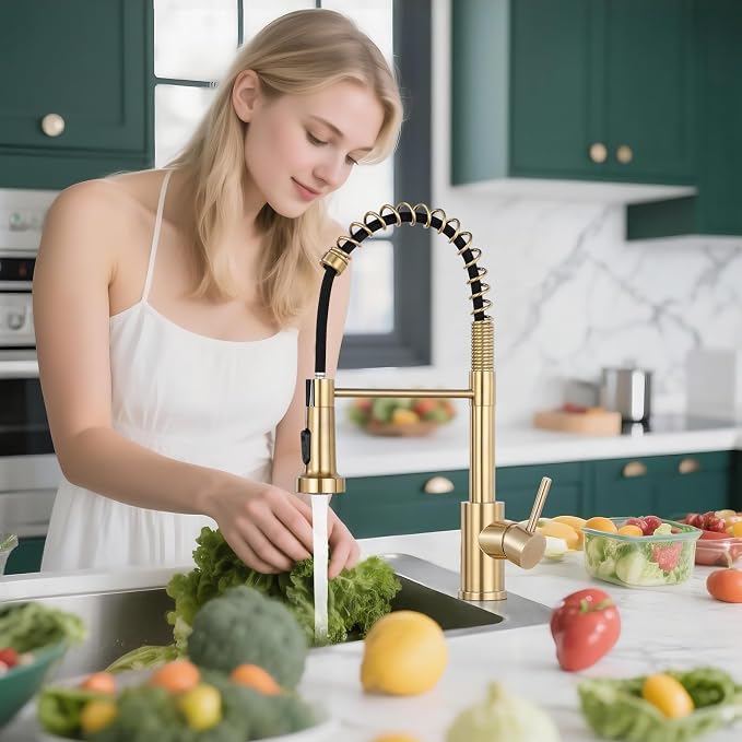 Kitchen Faucet with Pull Down Sprayer, Brushed Gold | 2-mode sprayer, 360° high arc spout, 304 SS build, drip-free valve, fingerprint-resistant, DIY install, NSF certified