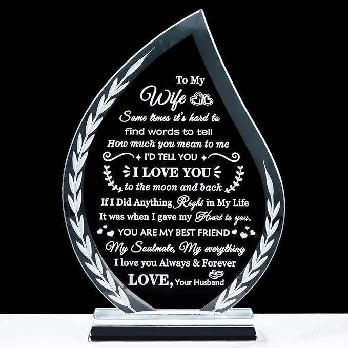 QIANWEI Mothers Day Gifts for Wife from Husband Laser Engraved Glass Plaque, Romantic Birthday Wedding Anniversary Christmas Valentines Present for Women