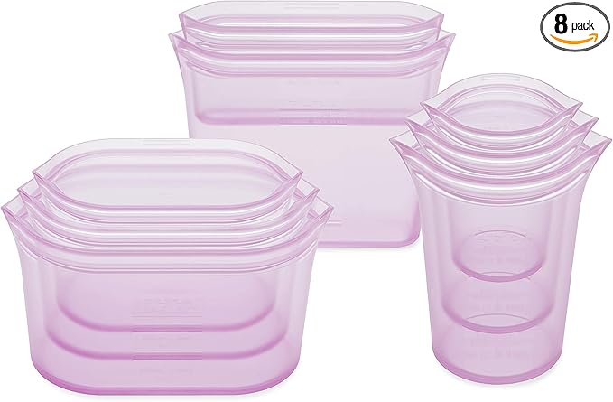 Zip Top Reusable Food Storage Containers Full Set of 8 Lavender – Platinum Silicone Cups, Dishes & Bags – Microwave, Dishwasher & Freezer Safe – Made in USA, BPA-Free