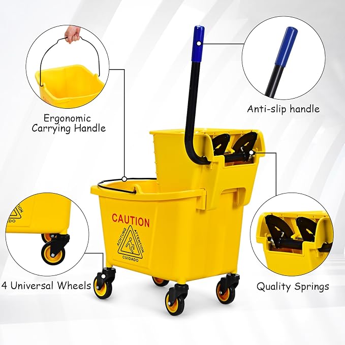 ARLIME Commercial Mop Bucket with Wringer, 35 Quart Capacity Portable Wringer Trolley, Side Press Floor Cleaning Wavebrake w/Handle, Small Mop Bucket on Wheels for Home, Industrial, Yellow | Portable Wringer Trolley, Side Press Floor Cleaning Wavebrake...