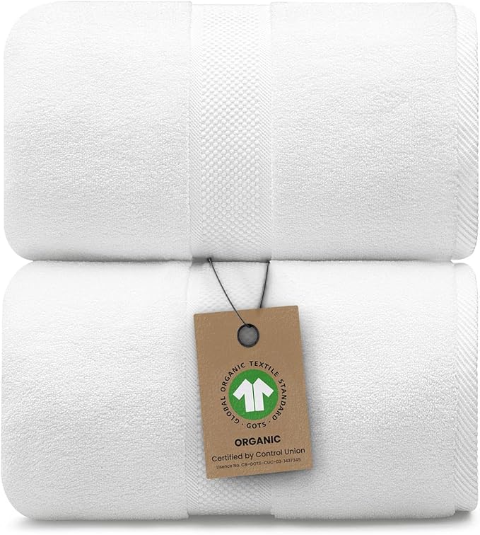 Alusa Home 100% Organic Luxury Bath Sheets - GOTS Certified - Extra Large 35x70 Inches (Pack of 2) Zero-Twist, Long-Staple Cotton Bath Sheet Set (White)