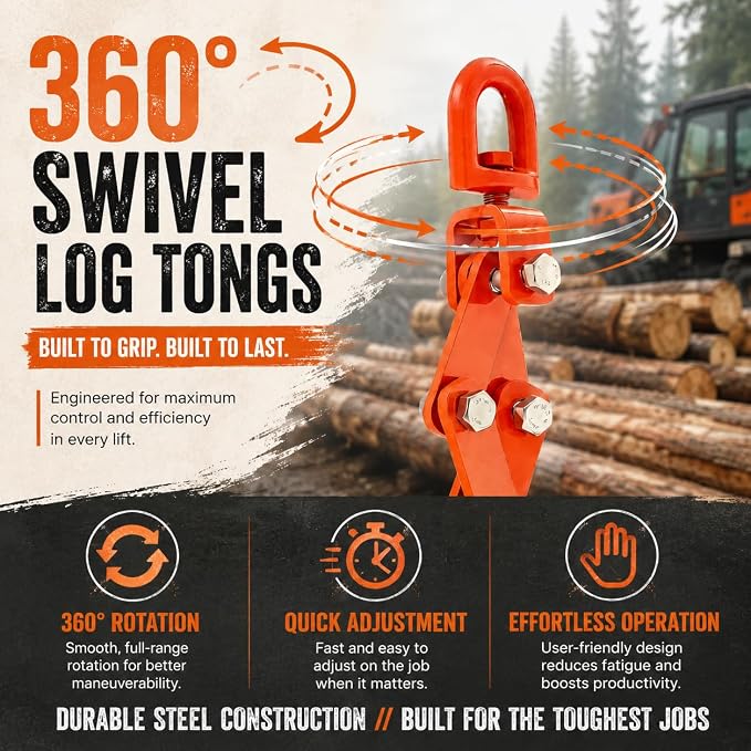ovsor 2 Claw 20'' Log Tongs Timber Claw Hook for Skidding Tongs, 800lbs Lifting Capacity | Professional Log Grapple Heavy Duty 360° Swivel Log Lifting Tongs, Dragging Logging Silky Smooth Effort Saving