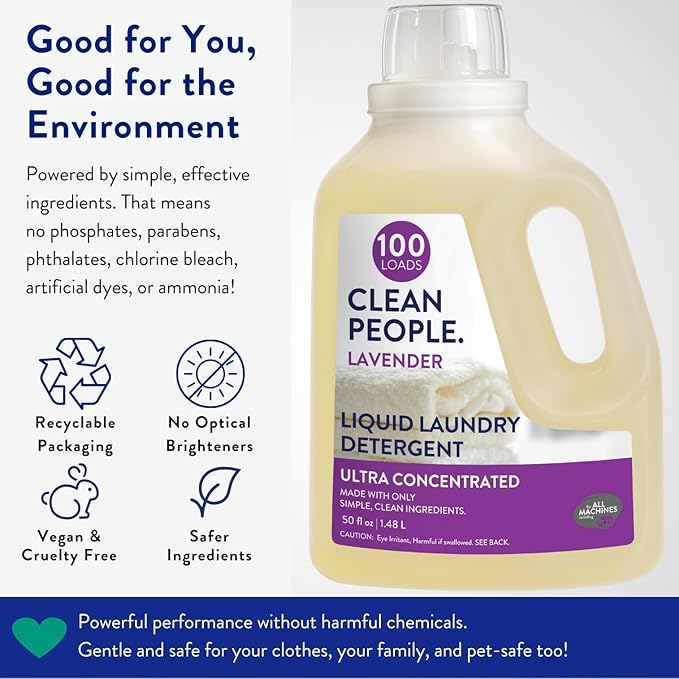 The Clean People Liquid Laundry Detergent - Recyclable Packaging, Stain Fighting - Ultra Concentrated, Laundry Soap - Lavender, 100 Loads