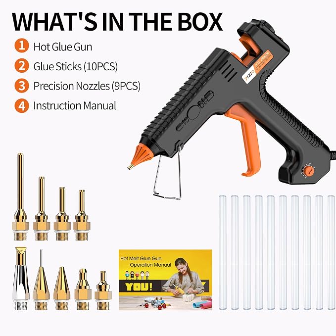 IZIO 300W Industrial Hot Glue Gun Kit with Adjustable Temperature 140°C-220°C, Heavy Duty Hot Melt Glue Gun with 9 Precision Nozzles & Glue Sticks for Woodworking, DIY Crafts, Repairs & Metal Bonding