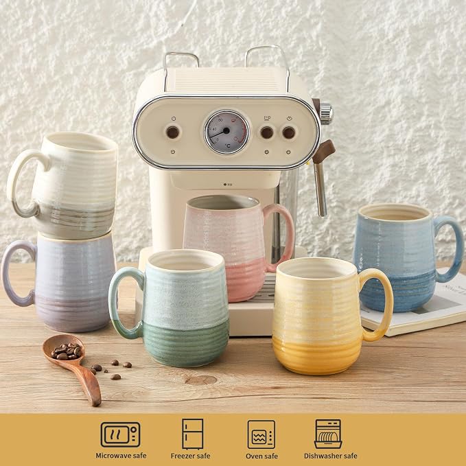 HASENSE Coffee Mugs, 12 oz Porcelain Coffee Cups Set of 6, Two-Tone Reactive Glaze Mugs Gift for Women and Men, Big Colorful Tea Cup for Latte, Cappuccino & Hot Chocolate, Dishwasher Microwave Safe