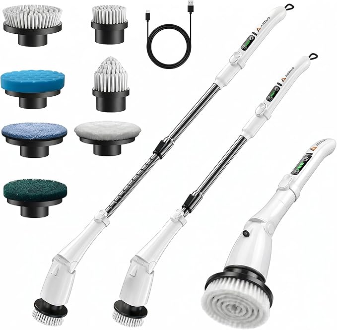 Cordless Electric Spin Scrubber with Extendable Long Handle | 3 Speed Modes, LED Light, 7 Replaceable Brush Heads, Works for Bathroom, Tub, Floor, Tile, Grout Cleaning