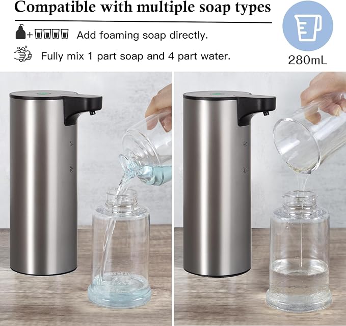 LAOPAO Automatic Soap Dispenser, Rechargeable Stainless Steel Foaming Soap Dispenser Touchless for Bathroom Auto Hand Soap Pump for Kitchen, Xmas Gift,9oz