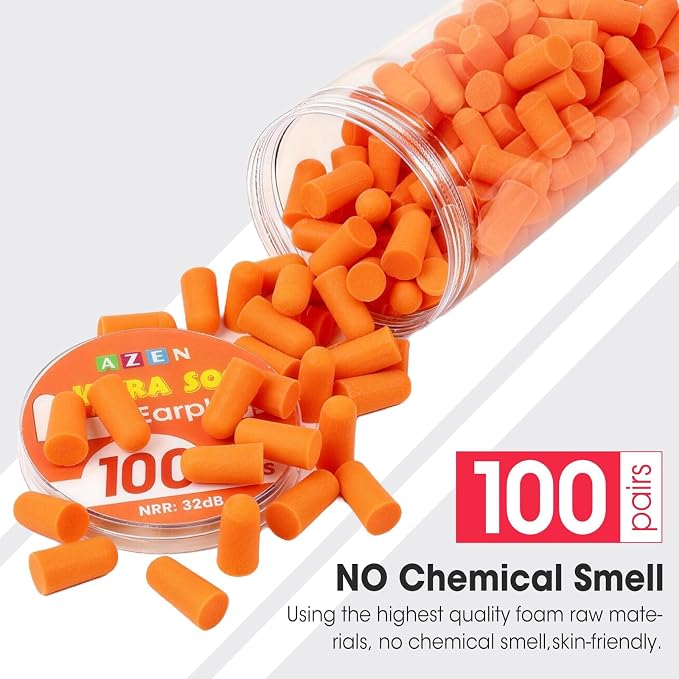 AZEN 100 Pairs Ear Plugs Bulk, NRR 32dB Soft Foam Ear Plugs for Sleeping Noise Cancelling, Earplugs for Concerts Shooting Swimming Noise Reduction (Orange)