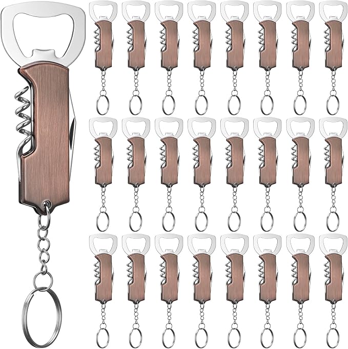 Ziliny 24 Pcs Bottle Opener Keychain Bulk Wine Bottle Beer Opener Keychain 3.27" Stainless Steel Corkscrew Waiter Corkscrew Wine Keyring Gifts for Christmas Bar Party Wedding Home (Red Bronze Color)
