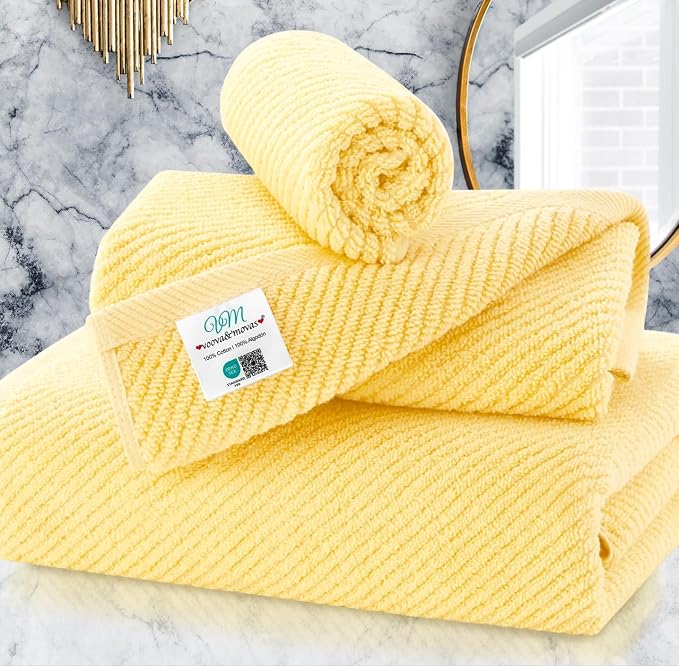 VOOVA & MOVAS 3PC Towel Set, 100% Cotton, Lemon Glow Yellow | 1 Large Bath 30x56 In, 1 Hand 18x28 In, 1 Wash Cloth 13x13 In, Quick Dry, Soft, Thick, Large, Bathroom Essentials