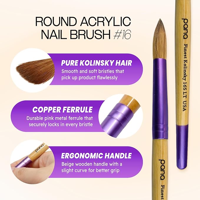 PANA Pure Kolinsky Hair Acrylic Nail Brush - Round Shape Purple Ferrule with Beige Wood Handle (Size 16) - Nail Brush for Acrylic Nail Application, Nail Extension, Manicure Pedicure Salon Beginner and