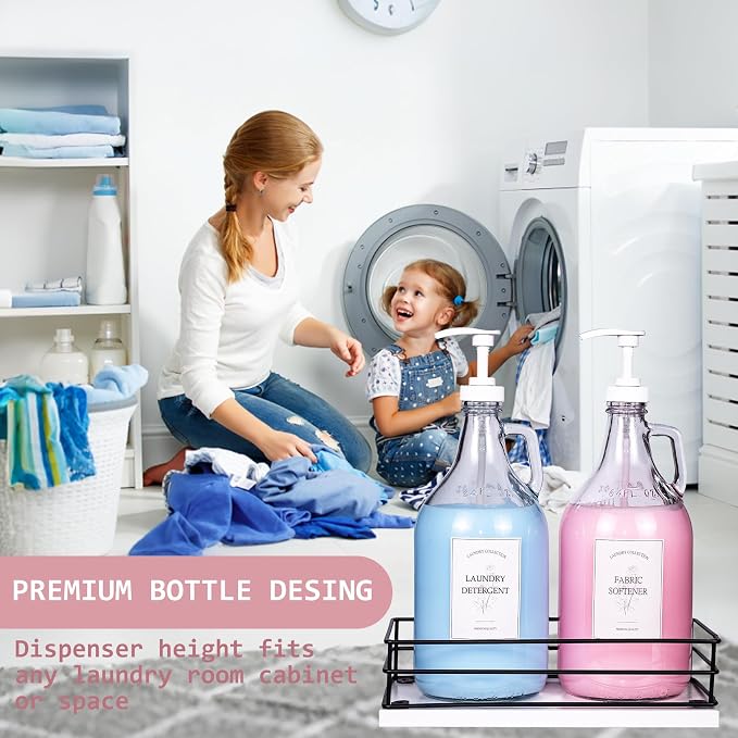2 Pcs Glass Liquid Laundry Detergent Dispenser, Half Gallon Dispenser for Laundry Room (64 oz. Each), Laundry Detergent Bottles with Pump Dispenser -Includes Labels, Measuring Cups,Wooden Stand