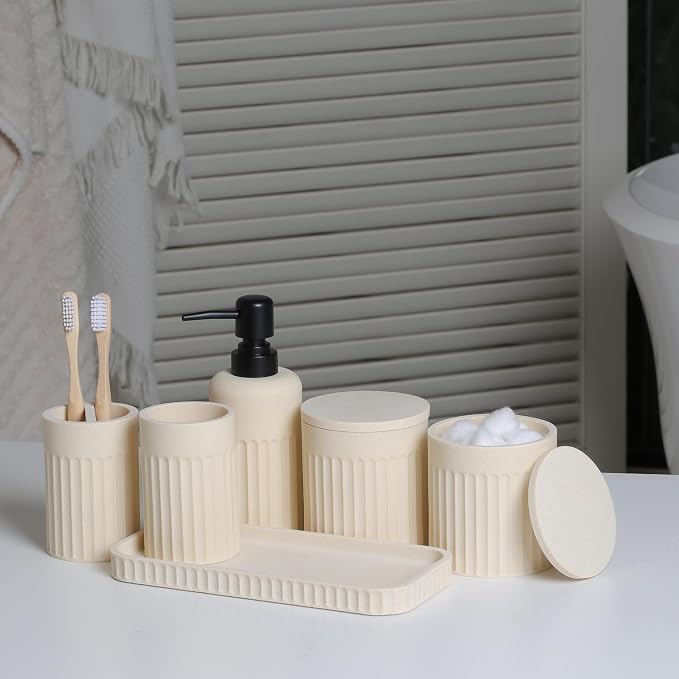 INIUNIK Bathroom Accessory Set - 6 Pieces Bathroom Accessories Set Complete with Soap Dispenser, Toothbrush Holders, Tumbler, Vanity Tray and 2 Qtip Holder for Home Organizer and Decor, Beige