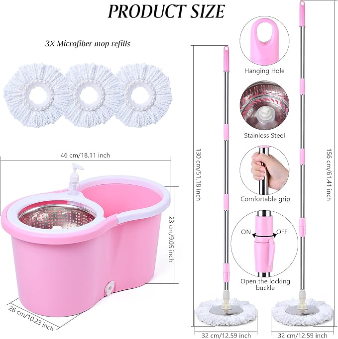 Cute Pink Mop and Bucket Set with 3 Extra Refills (Pink) | Pink, Spin Mop Floor Cleaning System