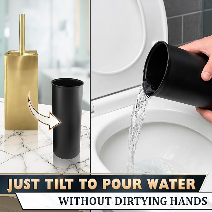 Gold Toilet Brush and Holder Set - Instantly Elevate Your Bathroom Style - Stainless Steel Toilet Bowl Brush and Holder with 2 Rounded Corners, Replaceable Head, Removable Inner Bowl & Splash Guard