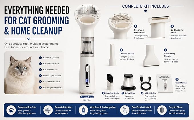 FurSo Cat Grooming Vacuum Kit, 5-in-1 Cordless Pet Grooming Vacuum for Cats & Dogs, 6000PA Pet Hair Vacuum, Low-Noise Deshedding Brush, 3-Speed LCD, Hair Remover, Type-C Charge