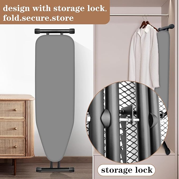 Ironing Board, Compact and Space Saver,Size 13 x 43 | Metal Construction Ironing Boards with Extra Thick Heavy Duty Padded, Stable Structure,Skid Feet, Premium Iron Board (grey)