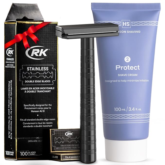 Henson Shaving - Jet Black Double Edge Safety Razor with 5 Spare Blades, Shave Cream & 100 Pack RK Blades