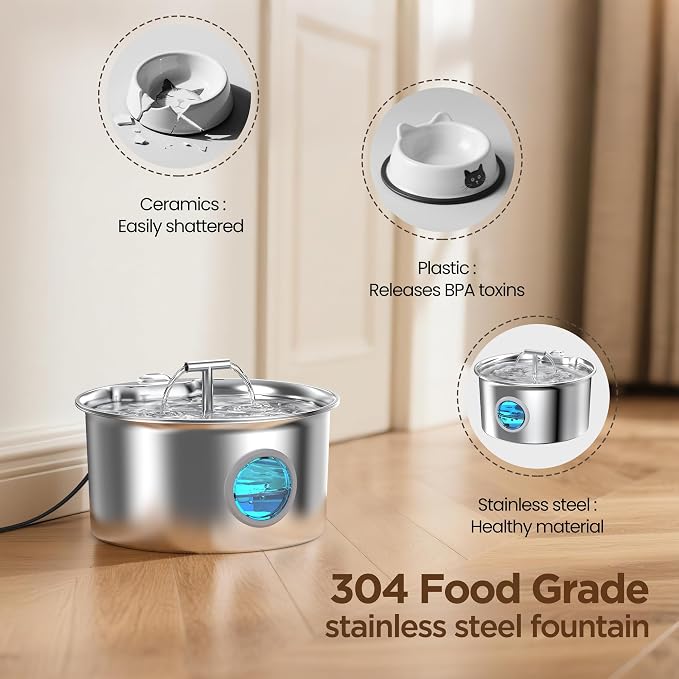 Cat Water Fountain Stainless Steel: Water Dispenser for Cats Indoor - Pet Dispenser Supplies Accessories - 16 Pack Cat Water Fountain Replacement Filters - 8 Multi-Functional Filters and 8 Sponges