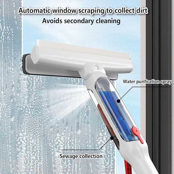 75'' Spray Window Squeegee with Extension Pole with 4-Section Extension Pole, 4 in 1 Shower Glass Cleaner Squeegee Windshield Cleaner Tool with Sewage Collector and 5 Pads