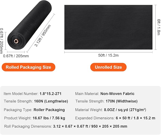 VEVOR Geotextile Landscape, 6ft x 50ft 8 oz, Non-Woven PP Drainage 350N Tensile Strength & 440 N Load Capacity, for Ground Cover, Garden Fabric, French Drains, Black
