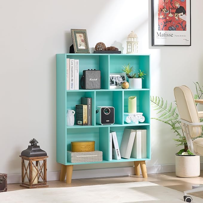LEYAOYAO Cube Bookshelf, Mid-Century Modern Book Shelf with Legs, Green | 3 Tier Bookcase, Rustic Wood Bookshelves Freestanding Small Storage Organizer, Open Shelves for Bedroom, Living Room, Office