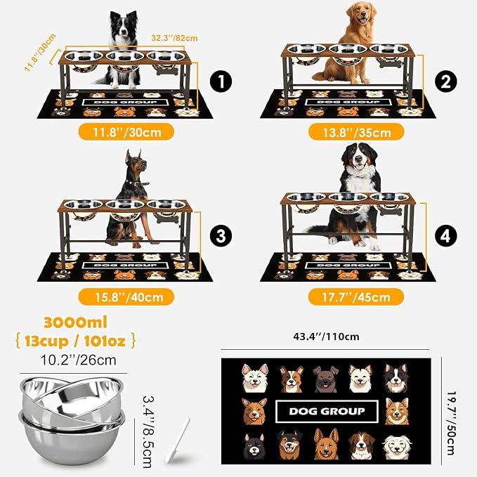 XXLarge Wooden Elevated Dog Bowl Stand – 4 Adjustable Heights (11.8"-17.7"), Wooden & Metal with 3 Stainless Steel Bowls & Splash Pad for Large & Extra Large Breeds