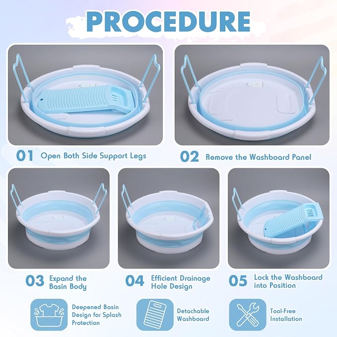 Lounsweer Large Collapsible Washboard Basin for Hand Washing Clothes with 2 Cleaning Brushes Portable Folding Laundry Tub with Non-Slip Washtub for Home Travel Camping (Blue)