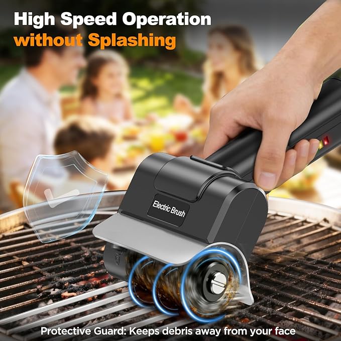Electric Grill Brush with Dual Safety Lock - Ideal Gift for Men Dad Husband, Professional BBQ Cleaner with Submersible 304 SS Head, Splash-Proof Scrubber for Outdoor Grill (Orange Button)