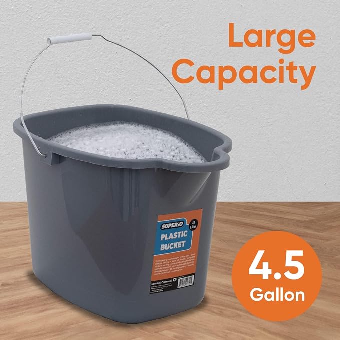 Superio Plastic Bucket with Grip Handle, 16 Liter Large Spout Cleaning Pail Grey, Heavy Duty Bucket Home Floor Mopping, Bath, Car Wash, Bowls for Camping, Fishing, 2 Pack
