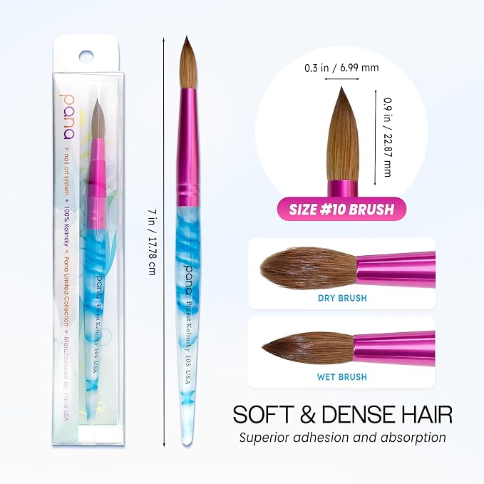 PANA Pure Kolinsky Hair Acrylic Nail Brush - Round Shape Pink Ferrule with White Swirl Blue Handle (Size 10)
