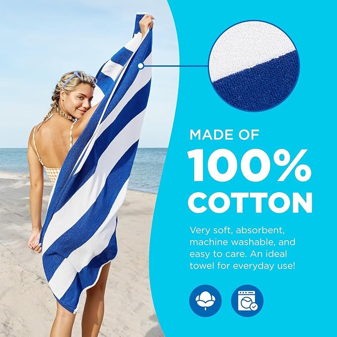Ben Kaufman Terry Cabana Striped Towels - Oversized Towel for Beach & Pool - Soft Cotton Towels with Absorbent Design - Striped Beach & Pool Towels for Adults & Kids - 6 Pack