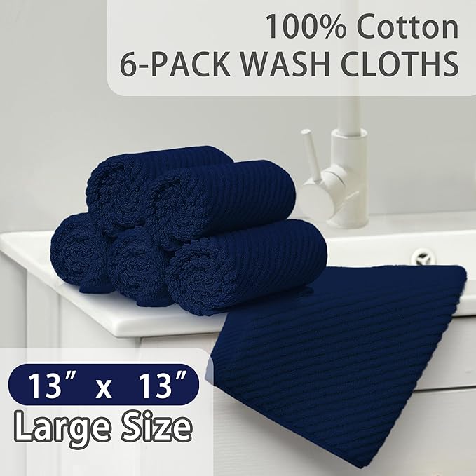 VOOVA & MOVAS Wash Cloths 6PC, 100% Cotton, 13x13 in, Navy Blue | Thick, Quick Dry, Soft, Absorbent, Wash Cloths For Bathroom & Showering, Towel Gift Set